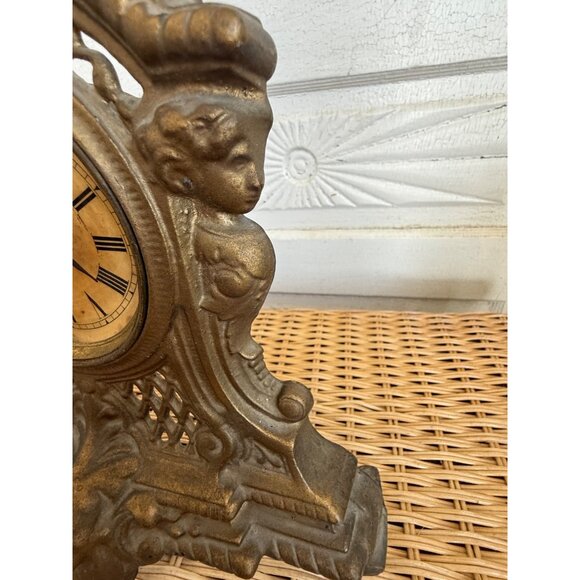 Antique 1880s Cast Iron Gold GIlt Clock Mermaids Womans Face Ornate Running - Picture 16 of 16